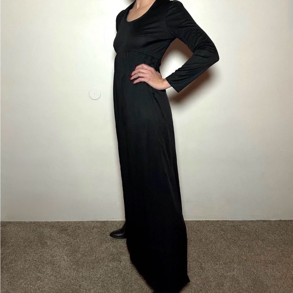 Vintage 70s Black Maxi Dress Helen Whiting Empire Waist Long Sleeve Slit Women S